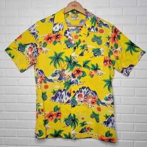 Vintage 1970s Kennington Mens Yellow Shirt Sz M Hula Girls Tiki Resort Beach
